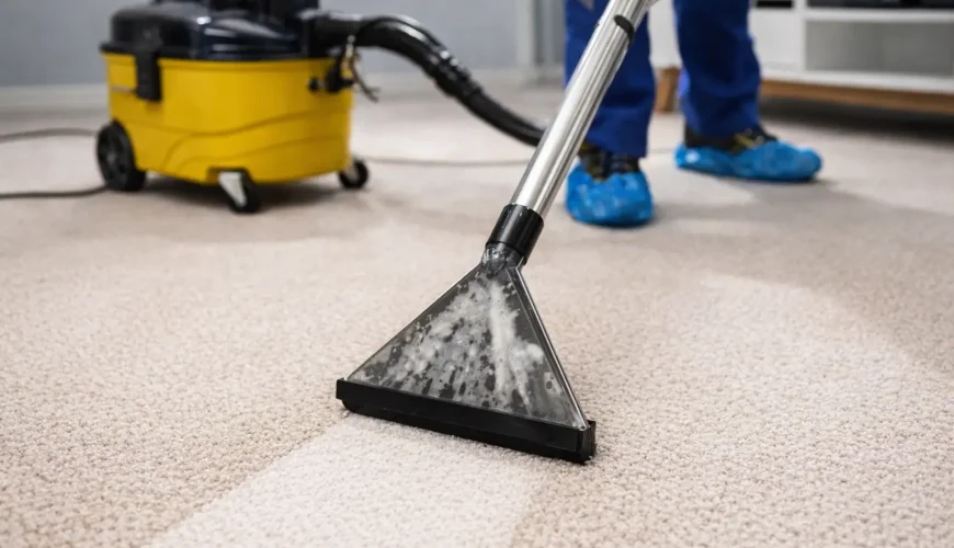 Technician performing professional steam carpet cleaning with extraction machine in a Brisbane home