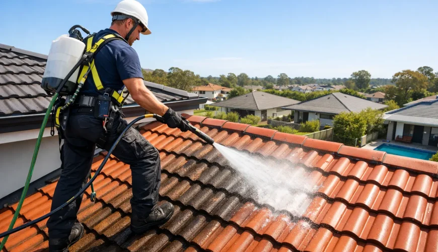 Professional roof cleaning technician soft washing roof tiles to remove moss and algae in Brisbane