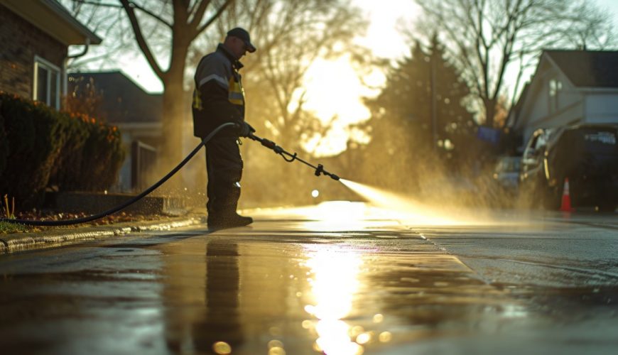 Professional driveway pressure cleaning service in Brisbane at sunset.