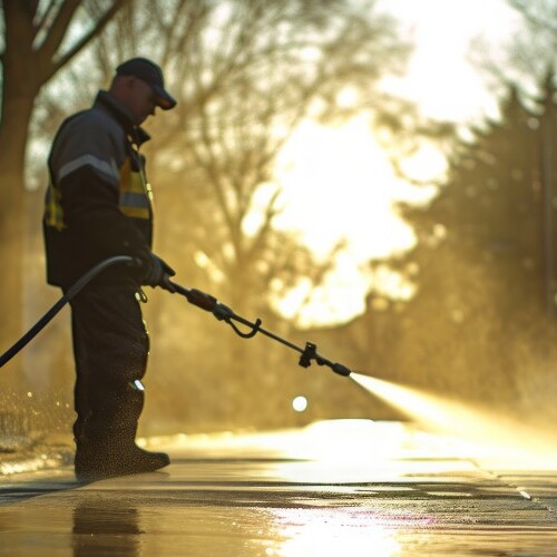 Professional driveway pressure cleaning service in Brisbane at sunset.