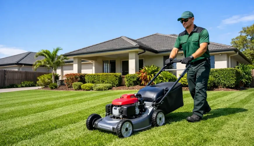 Professional lawn mowing service in Brisbane featuring a uniformed specialist using a red lawnmower on a perfectly manicured green lawn in front of a modern residential home.