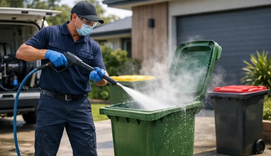Technician pressure washing a wheelie bin during professional bin cleaning service in Brisbane