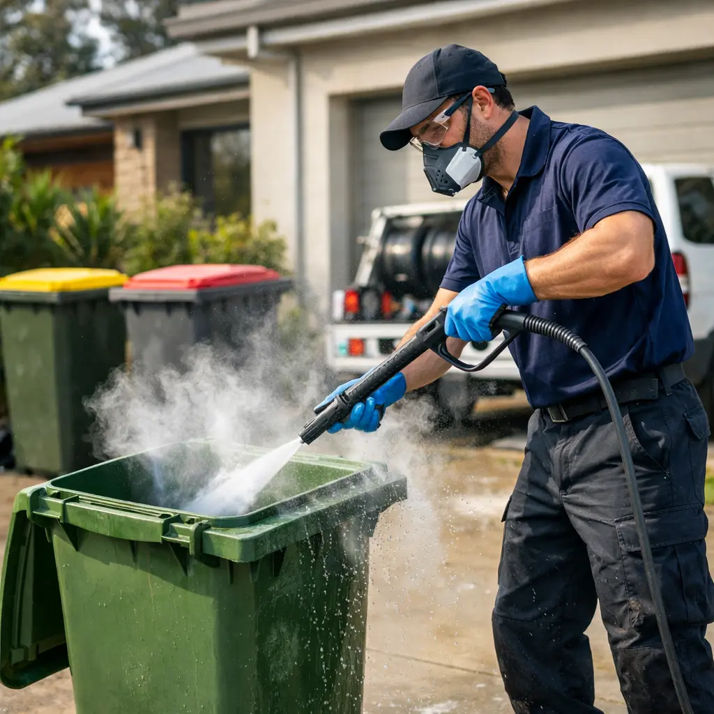 Worker sanitising household rubbish bin with pressure washer in Brisbane residential area