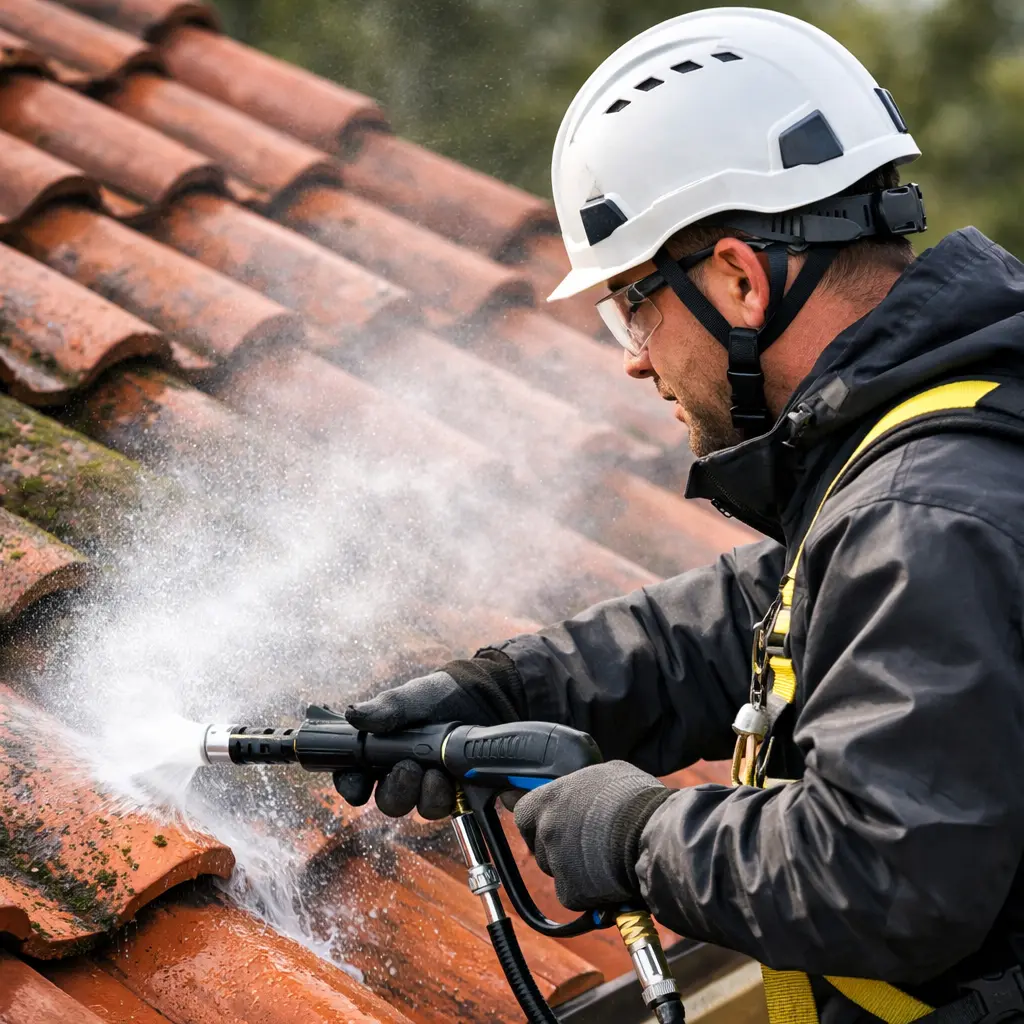 Professional roof cleaning Brisbane technician soft washing roof tiles to remove moss and algae
