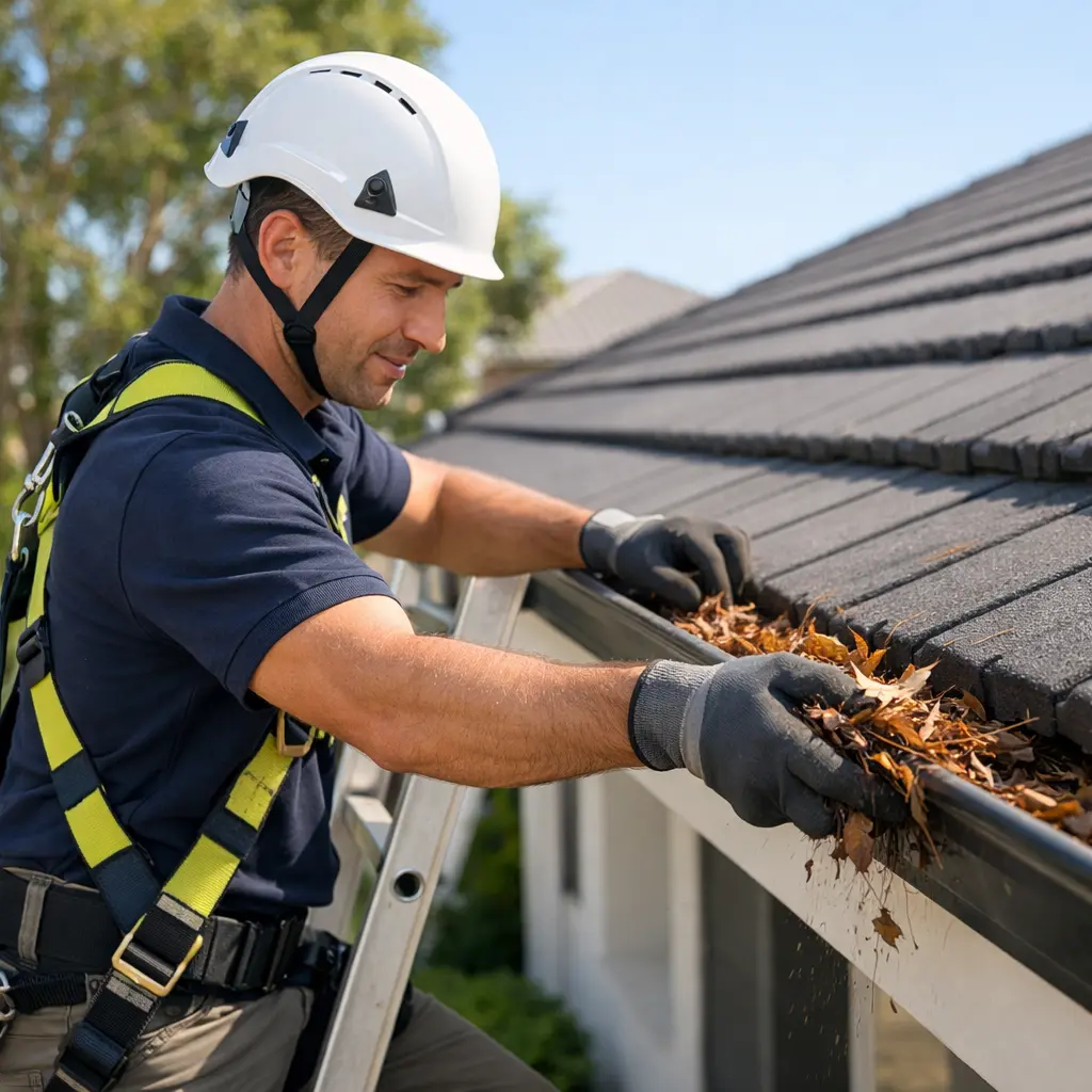 CleanZ4U technician wearing safety harness and helmet cleaning dry leaves from a roof gutter on a Brisbane home.