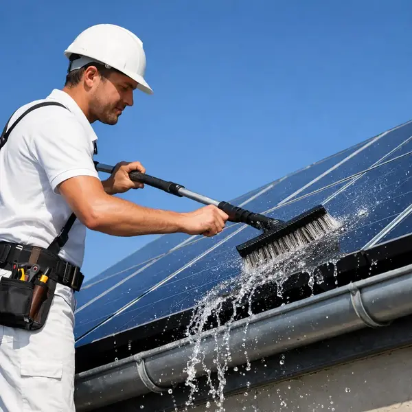 Close-up of a technician cleaning solar panels with a specialized brush and water, showing dirt being washed away.