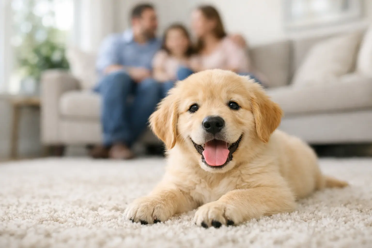 Golden retriever puppy lying on a clean carpet in a living room with family in the background