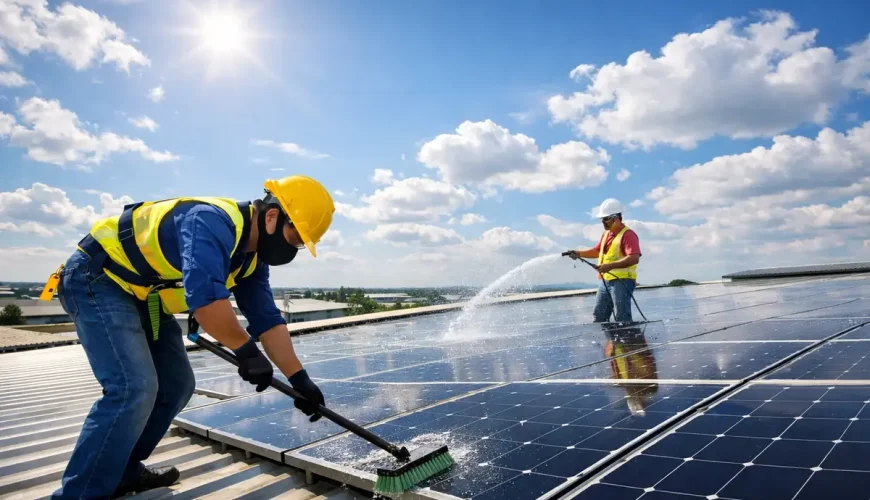 A technician in a yellow safety vest and mask scrubbing solar panels with a soft brush while a second worker rinses them with water.