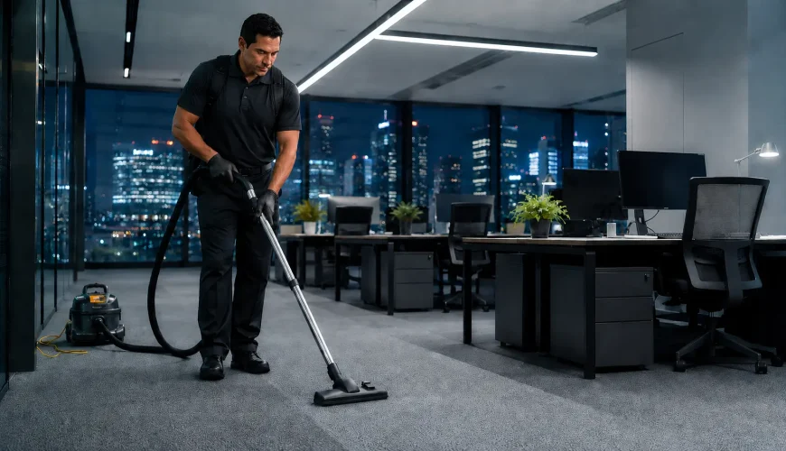 A professional providing commercial cleaning Brisbane offices trust vacuums an office carpet after hours wearing a black uniform and nitrile gloves.
