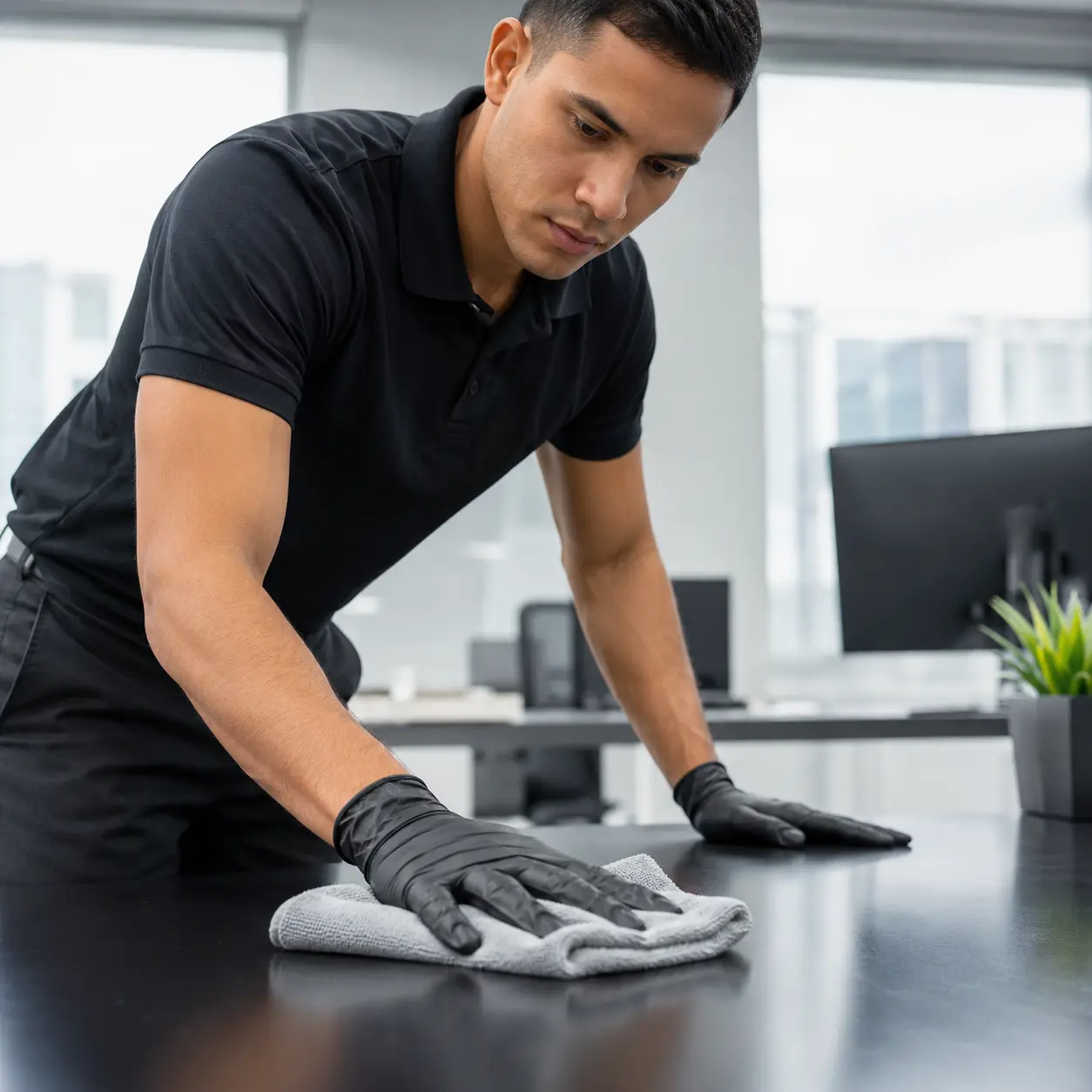 A professional provider of commercial cleaning brisbane businesses trust wears black nitrile gloves while wiping down a corporate desk with a microfiber cloth.