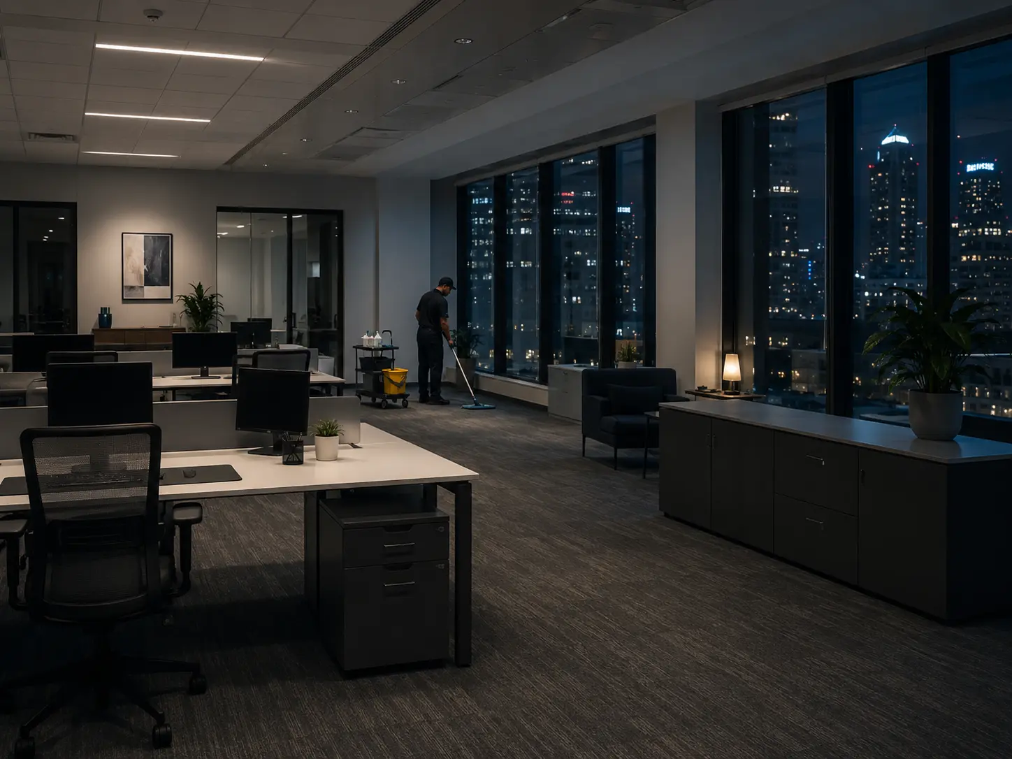 A professional cleaner performing night shift cleaning services in an empty corporate office with city skyline views.