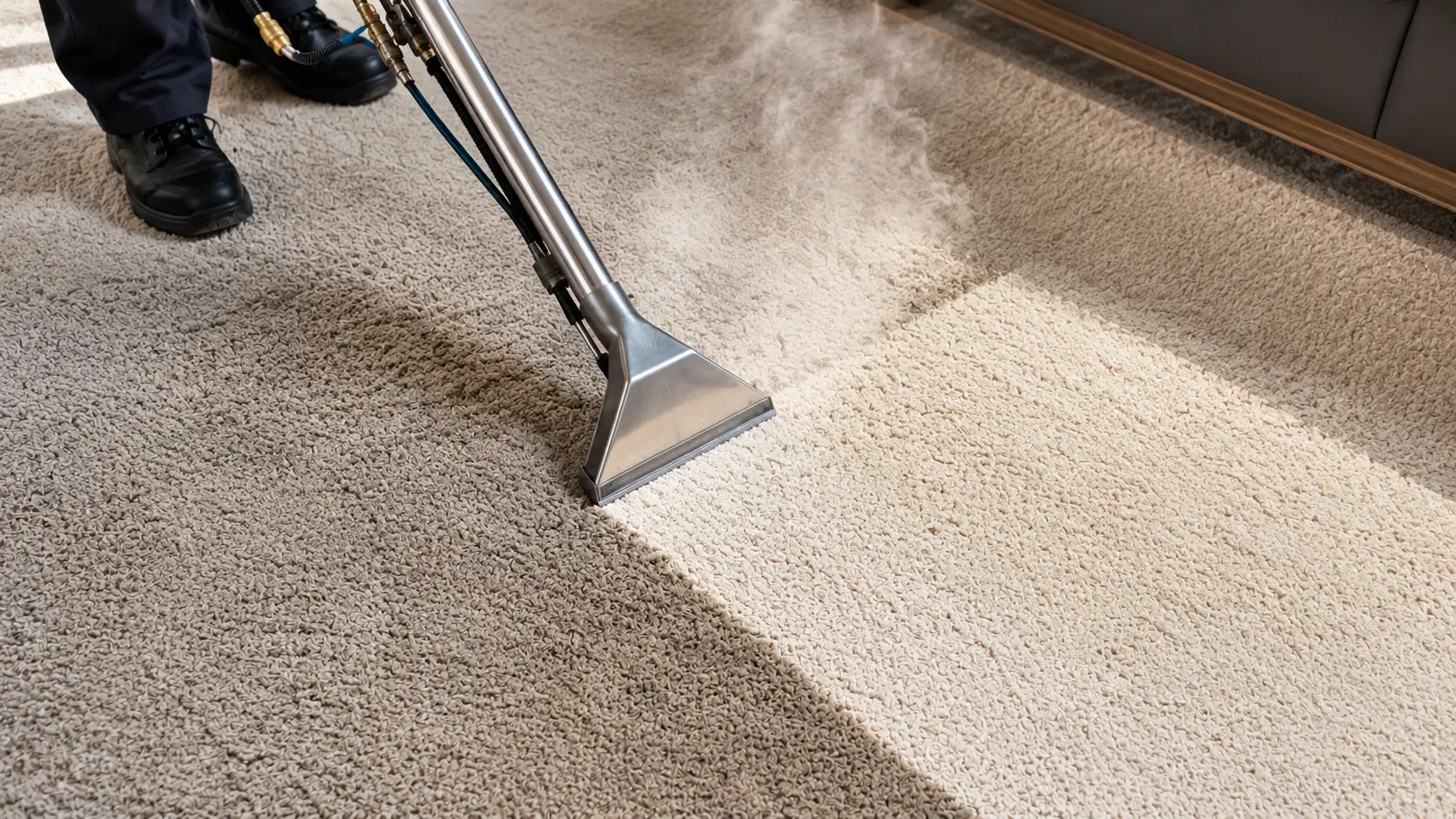 Professional carpet cleaning in winter using a hot water extraction steam wand on a soiled beige rug.