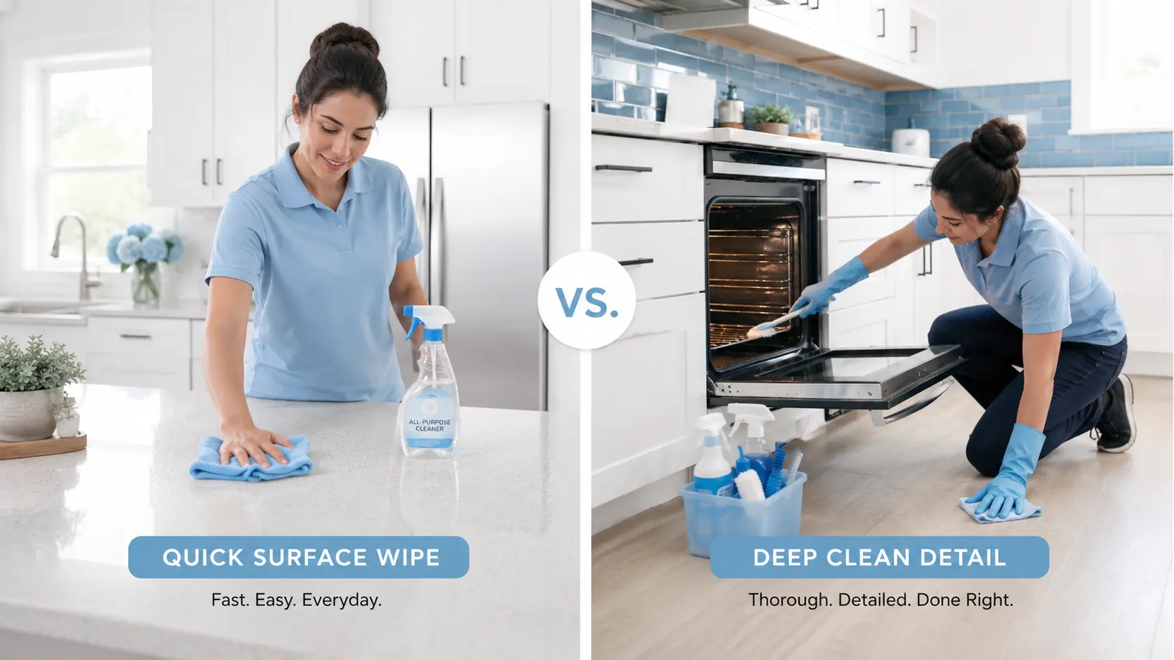 Comparison graphic of standard cleaning vs deep cleaning, showing a quick surface counter wipe on the left and detailed oven cleaning on the right.
