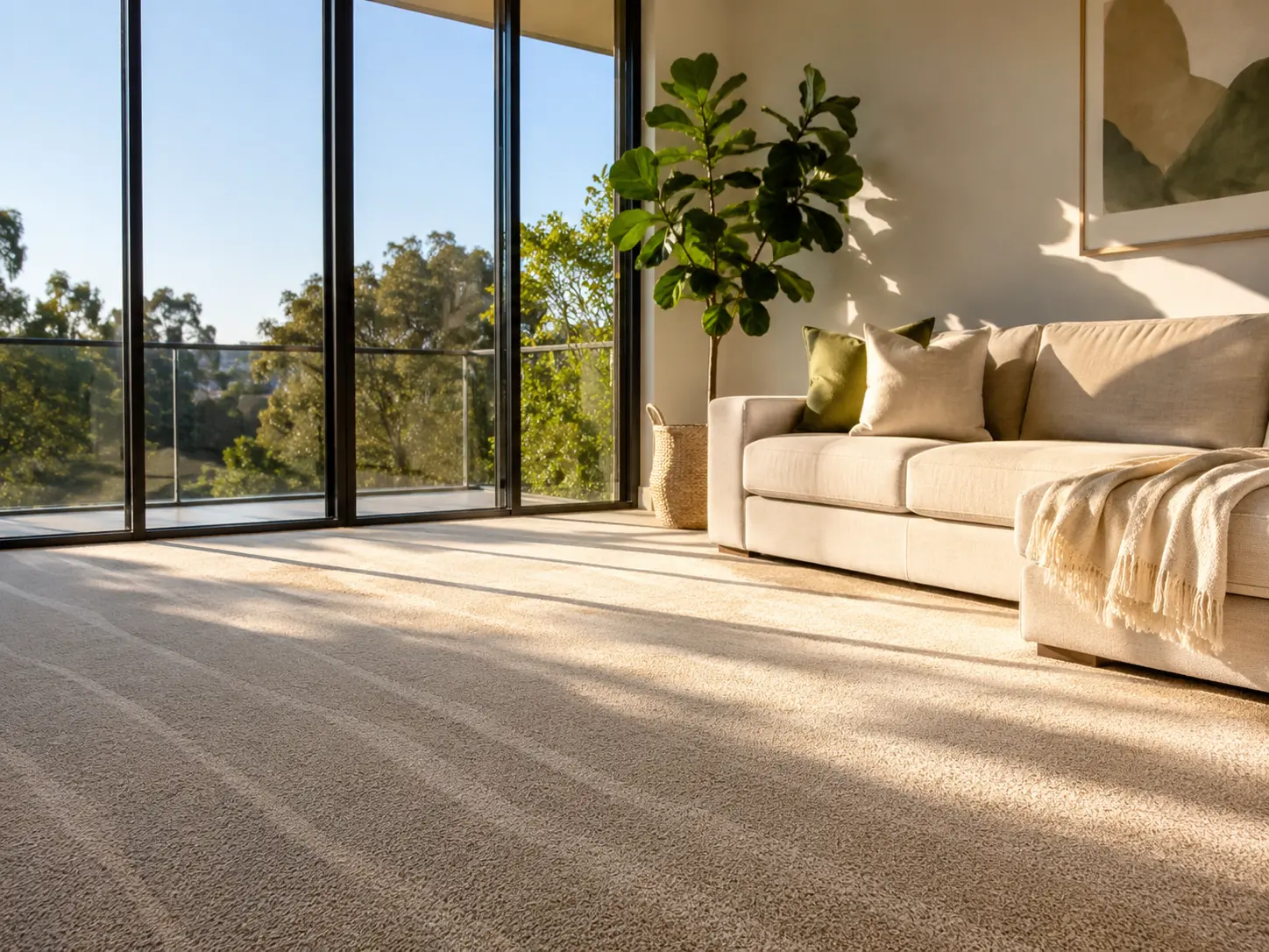 Pristine cream plush floor carpet with clean vacuum lines in a sunlit modern Brisbane living room, illustrating professional winter carpet cleaning Brisbane results.